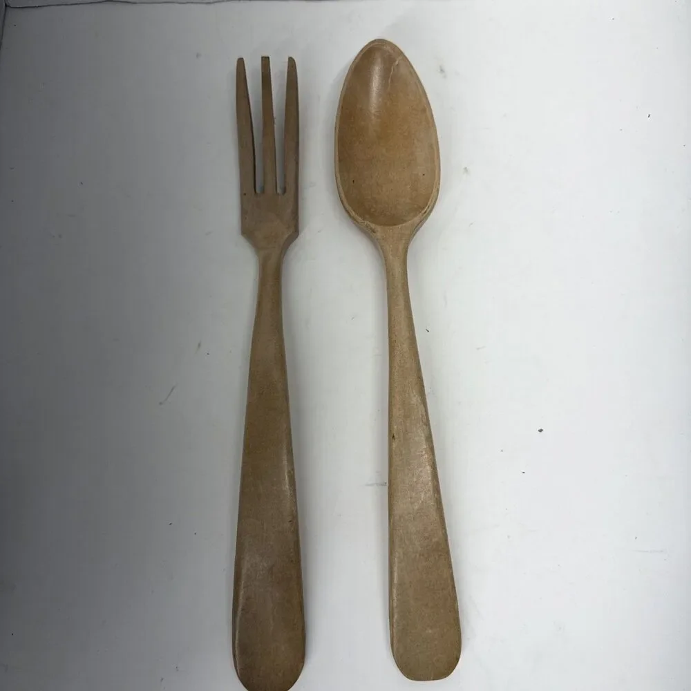Vintage MCM Wood Spoon & Fork Wooden Rustic Salad Serving Set Mid Century Japan